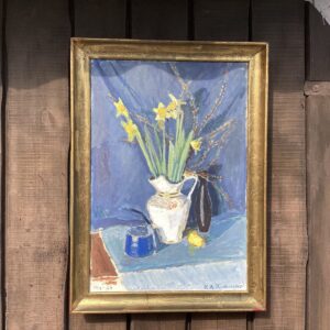 K.A. Brochenius (1021-1971) oliemaleri "Påskeliljer" med blå baggrund - 74x51 cm. (84x60 cm.