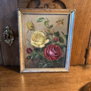 Lille Rosenmaleri gul og rød rose i gammel smal sølvramme