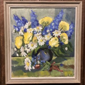 Olie maleri af gule, hvide og blå blomster i vase - signeret LB - olie på lærred - 64 x 59 cm. med ramme 69 x 75.5 cm.
