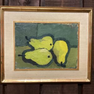 E. Ciderberg opstilling med 3 Pærer på bord - olie på plade - lysmål 30 x 22 (45.5 x 38 cm.)